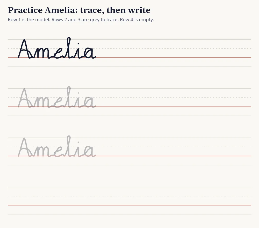 Practice rows for Amelia in cursive: one model row, two grey tracing rows and an empty row