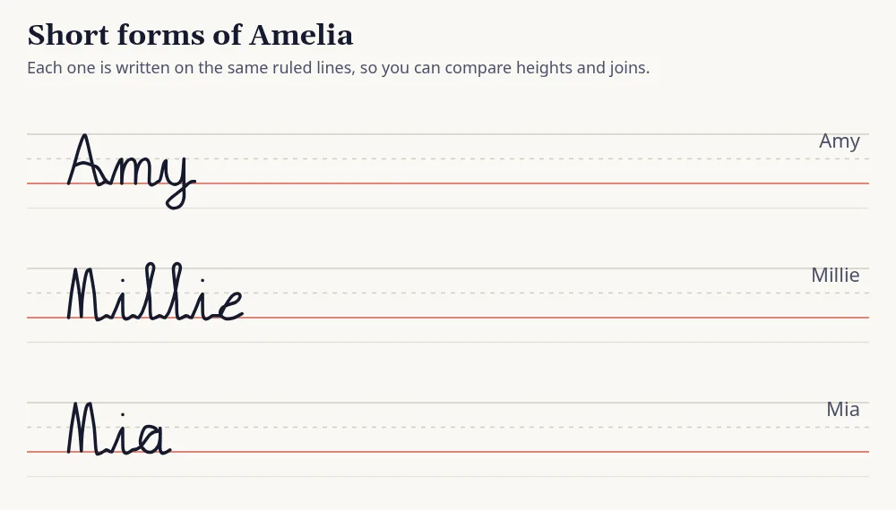 Short forms of Amelia (Amy, Millie, Mia) written in cursive on ruled lines