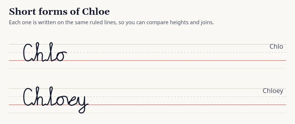 Short forms of Chloe (Chlo, Chloey) written in cursive on ruled lines