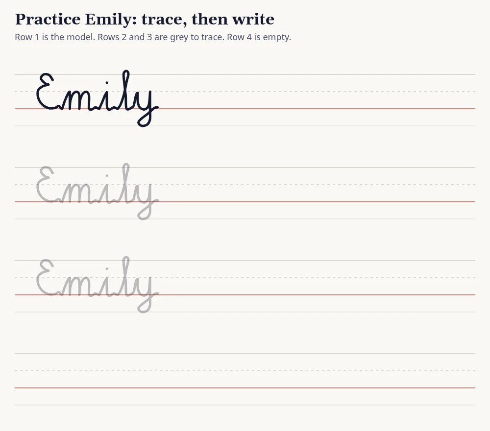 Practice rows for Emily in cursive: one model row, two grey tracing rows and an empty row