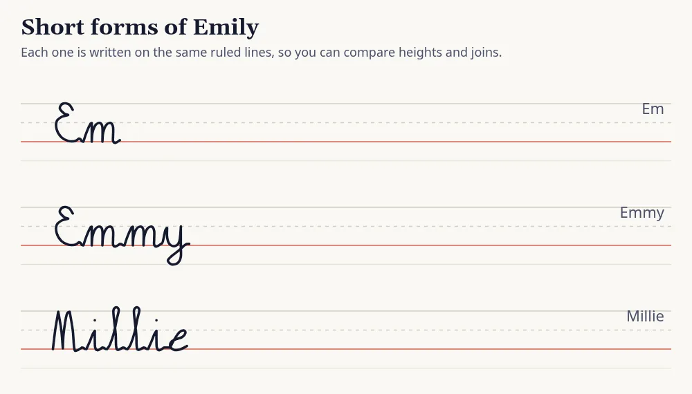 Short forms of Emily (Em, Emmy, Millie) written in cursive on ruled lines
