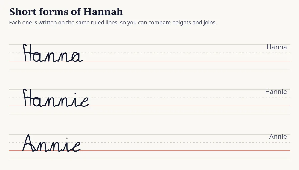 Short forms of Hannah (Hanna, Hannie, Annie) written in cursive on ruled lines