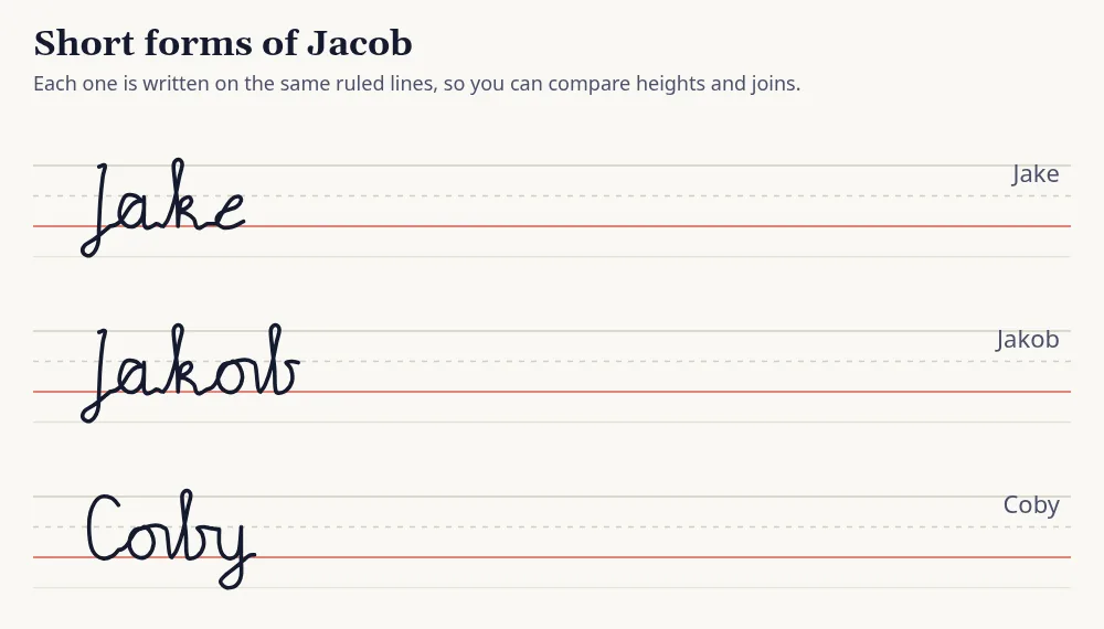 Short forms of Jacob (Jake, Jakob, Coby) written in cursive on ruled lines