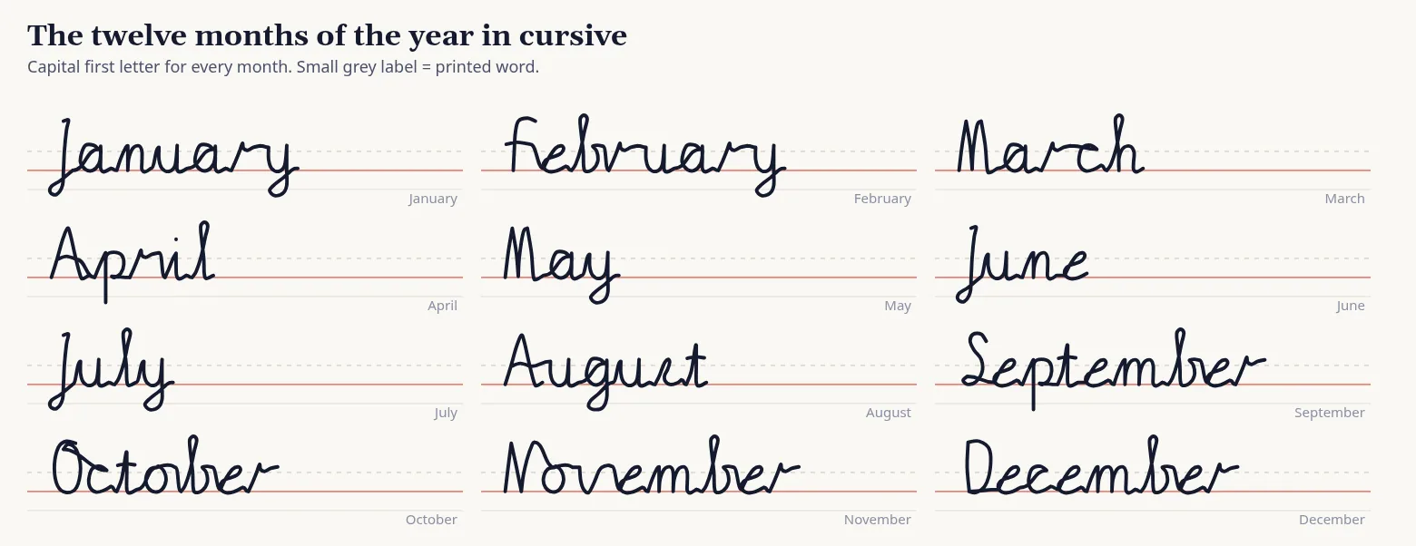 The twelve months, January to December, written in cursive on ruled lines in three columns with a small printed label next to each.