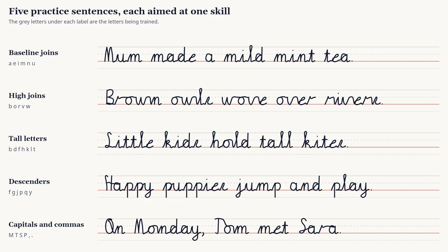 Five cursive practice sentences on ruled lines, each labelled with the skill it trains: baseline joins, high joins, tall letters, descenders, and capitals with commas.