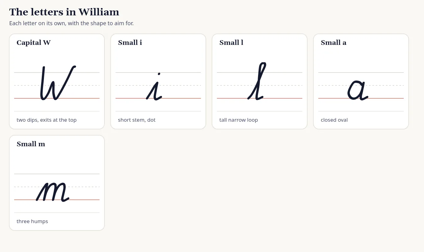Each letter in William drawn on its own ruled lines in cursive, with a short hint for the shape