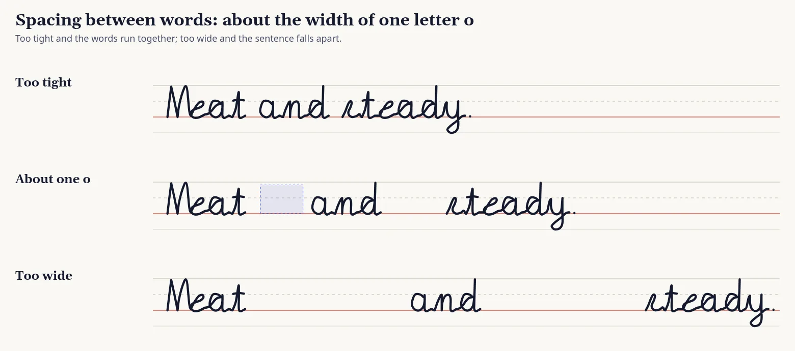 The sentence "Neat and steady." written three times in cursive with too little, about one letter o, and too much space between the words.